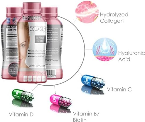 Premium Shots Collagen,10Bottles/2Oz Best Value, Anti-Aging Formula, Grass-Fed, Has Hydrolyzed Collagen, Biotin, Hyaluronic Acid, Vitamin C and D as its major constituent compounds. Raspberry Flavor
