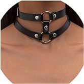 Obmyec Black Leather Choker Punk Short Collar Gothic 2-tier Circle Rivet Necklace Soft PU Leather Short Neck Accessories for Women