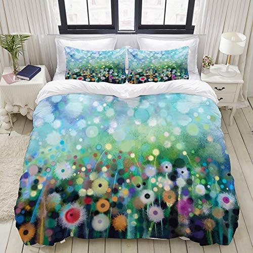 VAMIX Duvet Cover Set, Floral Flying Dandelions Art Print, Decorative 3 Piece Bedding Set with 2 Pillow Shams, King Size
