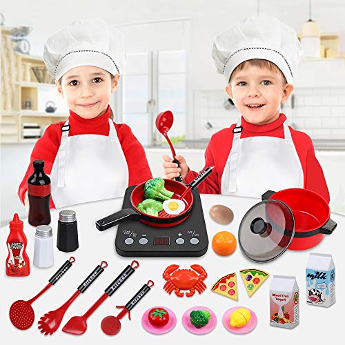 Anpro 32 STK Küchenspielzeug Kinderküchen Spielzeugset, Kochgeschirr Töpfe und Pfannen Set, Obst Gemüse Lebensmittel… – Bild 8