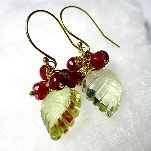 Carved Lemon Quartz, Ruby Earrings