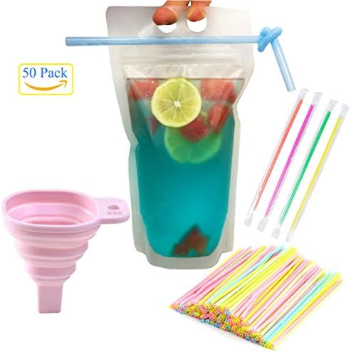 XCSUN 50pcs Clear Drink Pouches Plastic Bags Reclosable Zipper Hand-held Heat-proof Stand Up Drinking Bag with Straws, Foldable Silicone Funnels