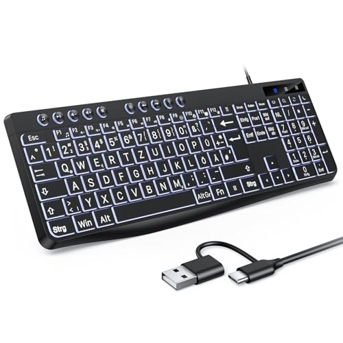 OMOTON Illuminated Keyboard, Cable PC Keyboard, QWERTZ White Illuminated with Large Pressure, 2 in 1 USB A/C for Seniors, Children, Visually Impaired for Windows with Multimedia Keys