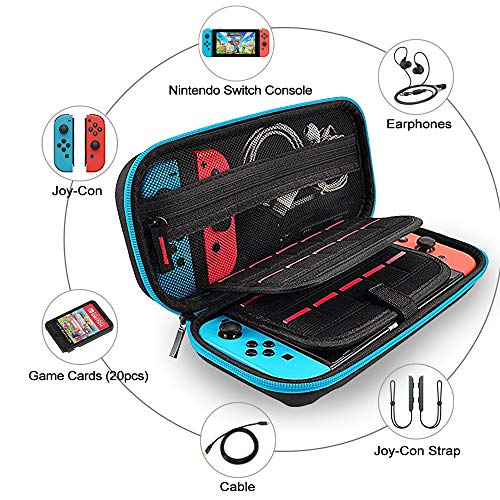 Aukor Carrying Case for Nintendo Switch with 20 Games Cartridge Holders, Protective Hard Shell Travel Carrying Case Pouch for Nintendo Switch Console Accessories, Blue