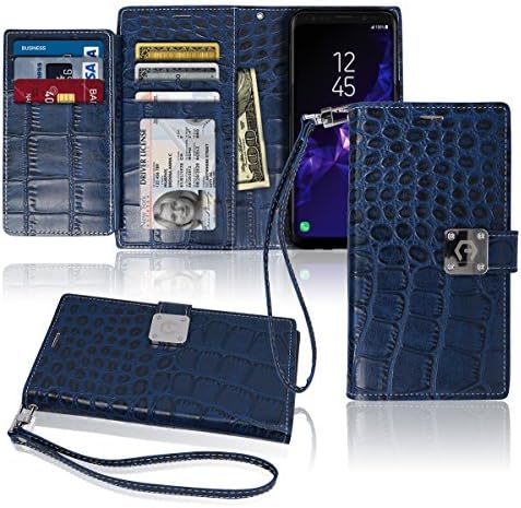 S9 Wallet Case, Matt [ 8 Pockets ] 7 ID / Credit Card 1 Cash Slot, Power Magnetic Clip With Wrist Strap For Samsung Galaxy S 9 Leather Cover Flip Diary (Blue, S9 (5.8"))