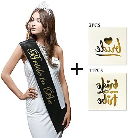 33" x 4" - "Bride to Be " Black and Gold Glitter Satin Sash and 16pcs Golden Tattoo Sticker