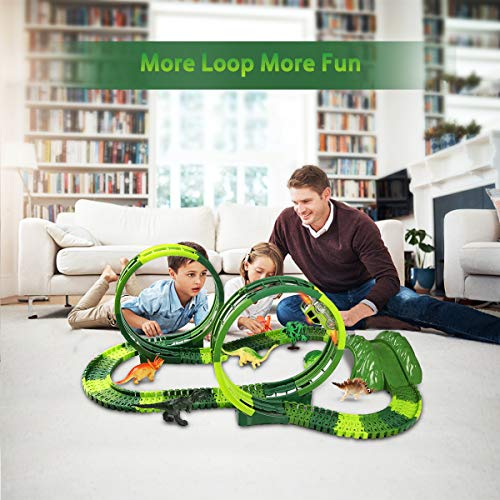 Lydaz Dinosaur Race Car Track Toy Mega Set 306 Pcs, Dual Loops 6 Dinosaurs Figures Flexible Train Track for Kids Boys Girls 3 Years Old and Up