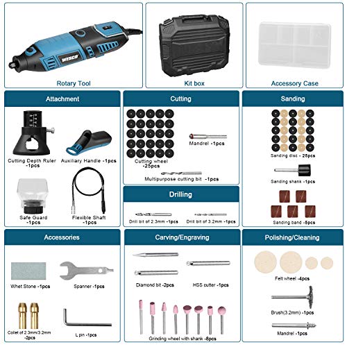 WESCO Rotary Tool Kit, Extend Shaft, Keyless Chunk, 35000RPM, 7 Variable Speed, 82 Accessories, Rotary Multi-Tool for Cutting, Carving, Engraving, Polishing, and Detail Sanding DIY Project/WS3113KU.1