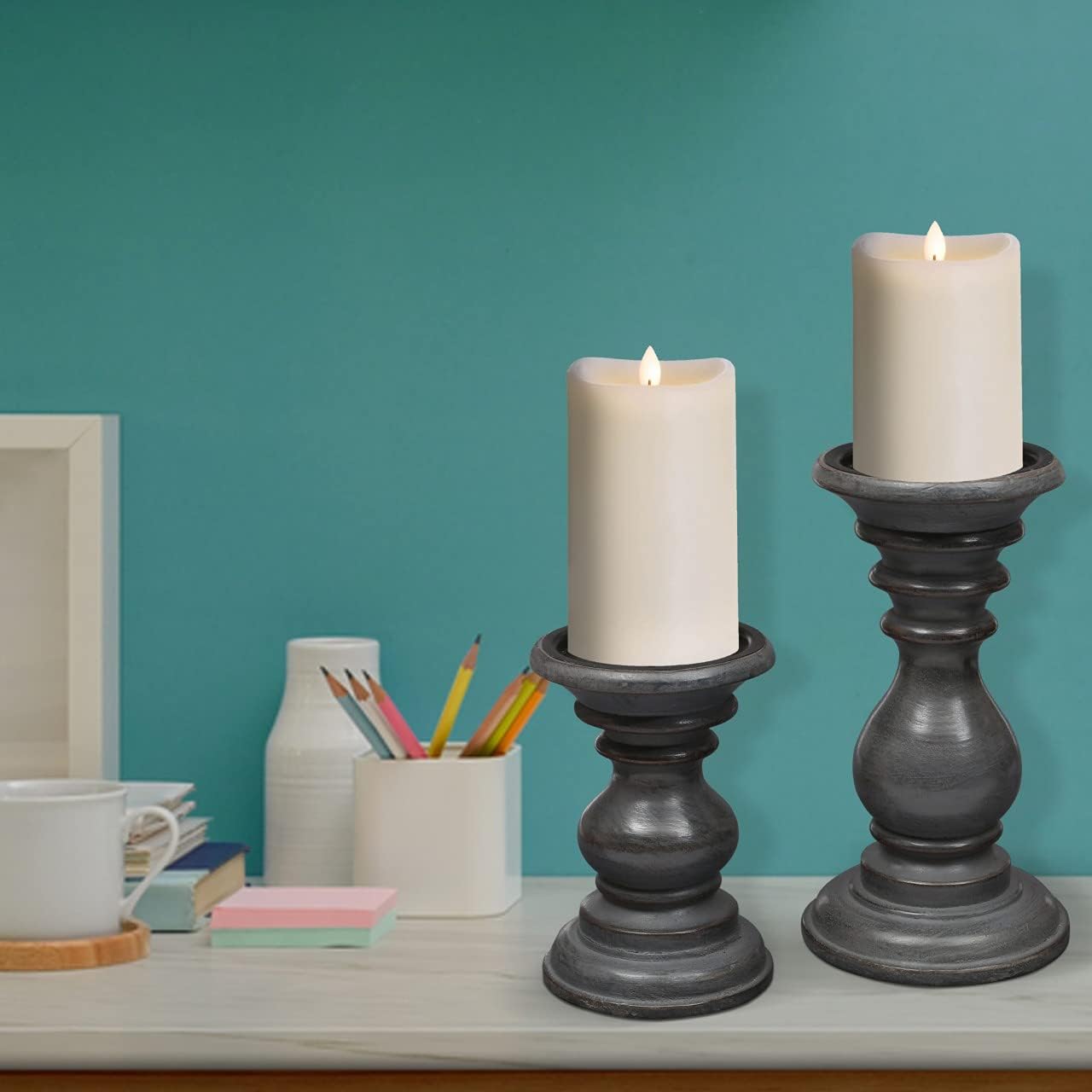 Candle Holder Stand Wooden, Candalbras, Candle Holders, Unity Candle Holders, Rounded Turned Colums, Country Style Idle Gift for Wedding, Party, Home, Spa - 10,8,6 Inch Set of 3 Grey Wash: Kitchen & Dining