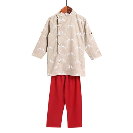 Amber By Hopscotch Boys Cotton Parrot Print Kurta With Pajama (Set Of 2) in Gray Color