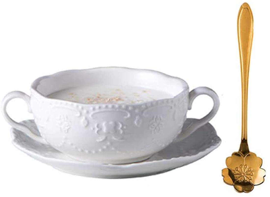 YBK Tech Breakfast Cup Bone China Ceramic Dessert Bowls Soup Mug with Saucer and Spoon (White)