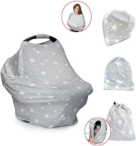 4 pieces Set Baby Shower Gift, Trcoveric Multi Use Nursing cover for Breastfeeding Mom, Car Seat Canopy Best Stretchy Infinity Scarf Stars