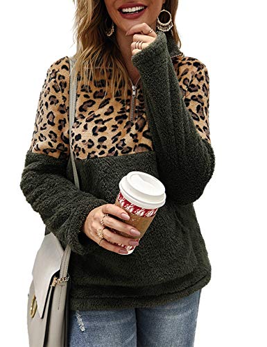 Women Long Sleeve Zipper Sherpa Sweatshirt Leopard Block Shirt Soft Fleece Pullover Outwear Coat with Pocket