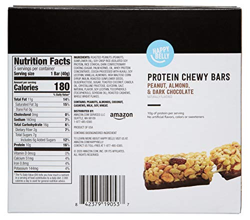 AMAZON GROCERY, PROTEIN CHEWY BARS, PEANUT, ALMOND & DARK CHOCOLATE FLAVOR, 7.1 OZ, 5 CT (PREVIOUSLY HAPPY BELLY, PACKAGING MAY VARY)