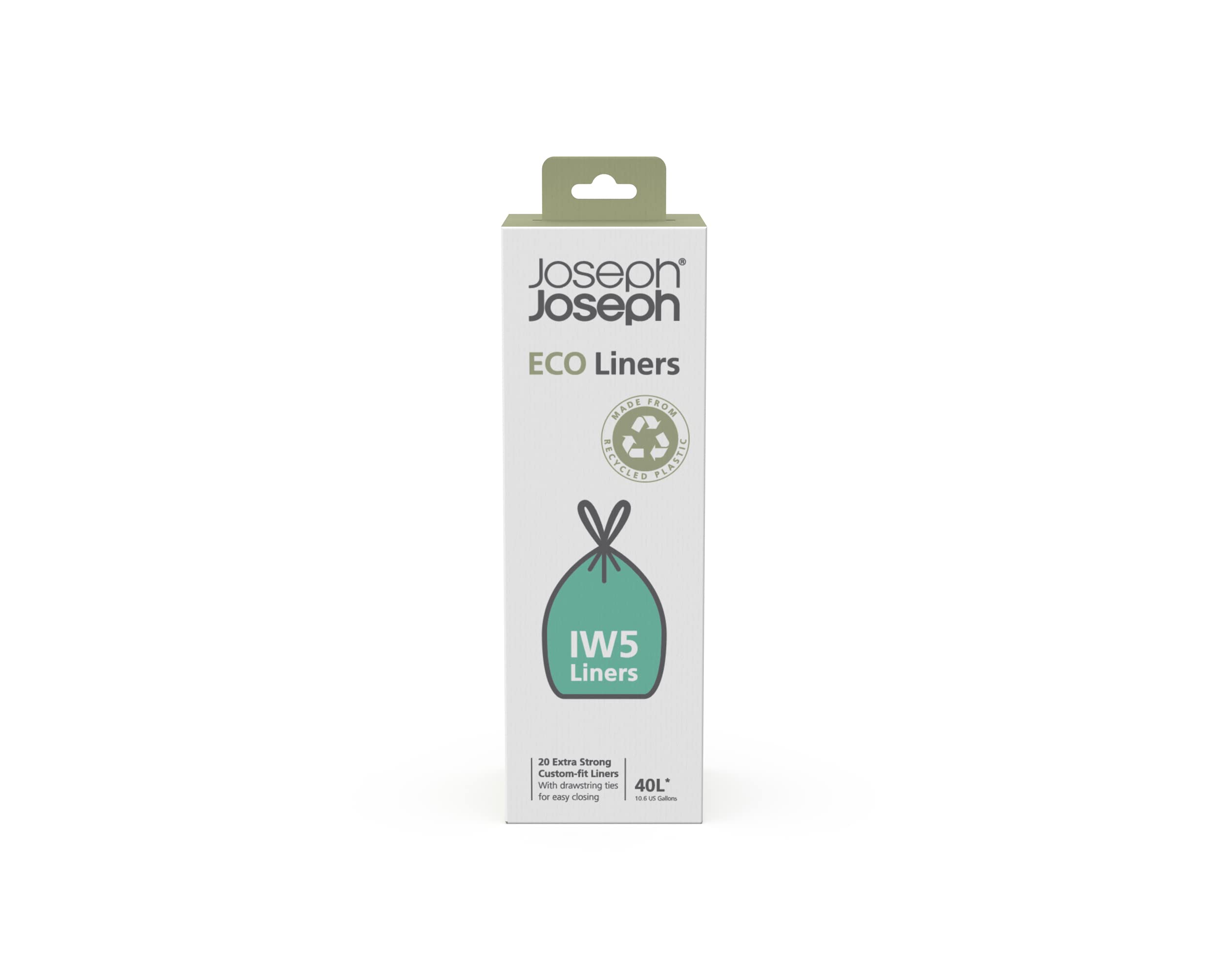Joseph Joseph IW5 Eco Recycled plastic Bin Liners, Kitchen Waste Bags With Tie Tape Drawstring Handles, Extra Strong – Pack of 20, Holds 40 Litres, Grey — image 1