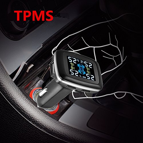 CarBest Tire Pressure Monitoring System, Wireless TPMS with 4 External Sensors, Cigarette Lighter Plug LCD Display with Tire Pressure, Temperature Gauge and Battery Voltage, DIY