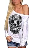 Alvaq Women's Skull Printed T Shirt Casual Loose One Shoulder Long Sleeve Tops