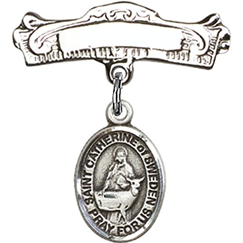 Sterling Silver Baby Badge with St. Catherine of Sweden Charm and Arched Polished Badge Pin 7/8 X 7/8 inches