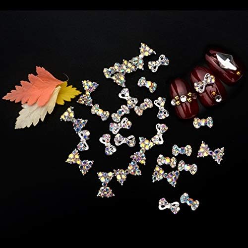editTime 30 pcs Charms Sparkly Bling 3D Nail Art Bow Rhinestone Rainbow AB Color Glitter Bow Rhinestone 3 Styles Nail Tip Bow Tie Pendant Bow Studs(30pcs AB)