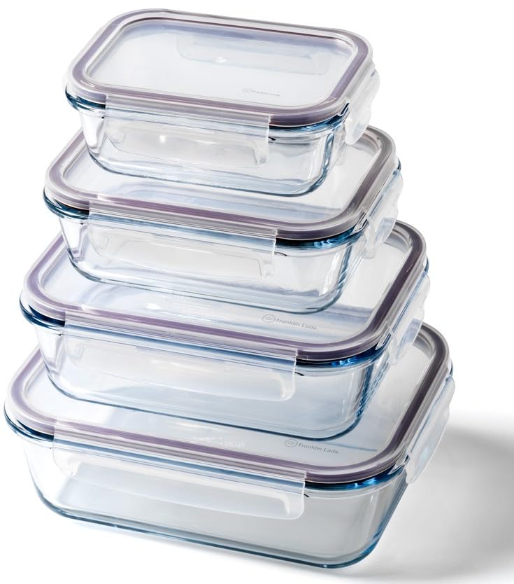 Franklin Lade Glass Containers with Lids | 4 Piece Nesting Set 370ml 640ml 1040ml 1520ml | Glass Food Containers with Lids | Non-Toxic BPA-Free & Airtight | Oven, Freezer & Dishwasher Safe