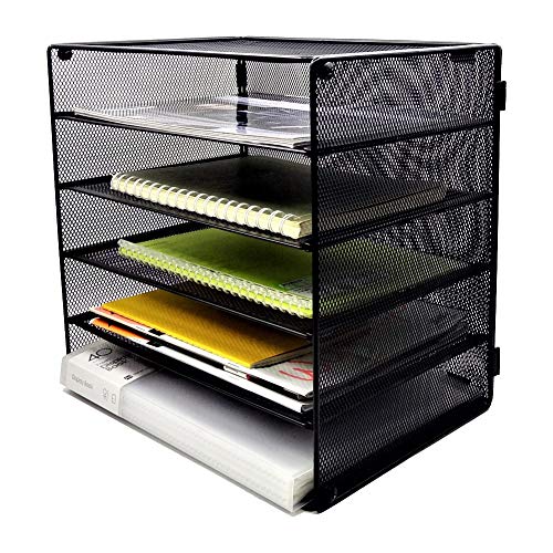 GDinDinFan Mesh Desk Organizer File Paper Documents Letter Tray with 5 Stackable Sorter,Black - Thumbnail 5
