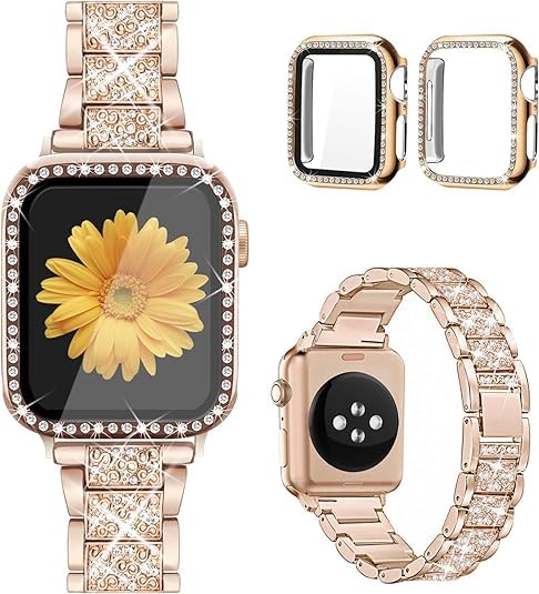 Photo 1 of Mesime Compatible for Apple Watch Band with Screen Protector Case, Jewelry Replacement Bands 46mm 45mm 44mm 42mm 41mm 40 mm 38mm 2 Pack Protective Cover for iWatch Series 11/10/9/8/7/6/5/4/3/2/1/SE Women