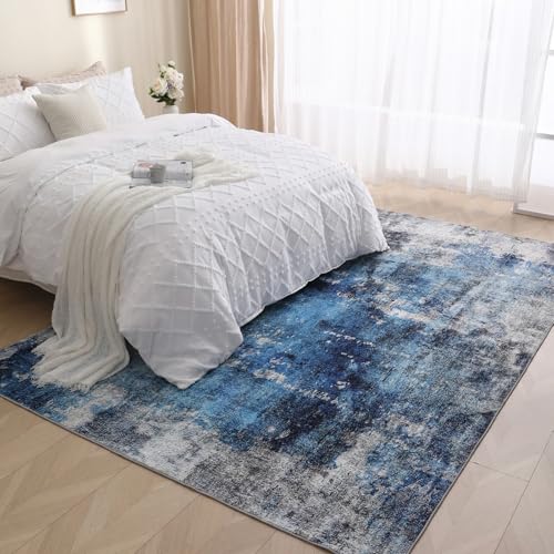 COOUS Washable Rugs for Living Room 160x230cm - Ultra Soft, Short Pile Non-Slip Non-Shedding Abstract Carpet, Stain Resistant Faux Wool for Bedroom Dining Room (Blue)