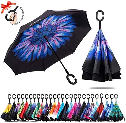Amersin Double Layer Inverted Umbrella Cars Reverse Open Folding Umbrellas, Windproof UV Protection Large Self Stand Upside Down Straight Umbrella for Golf Women and Men with C-Shaped