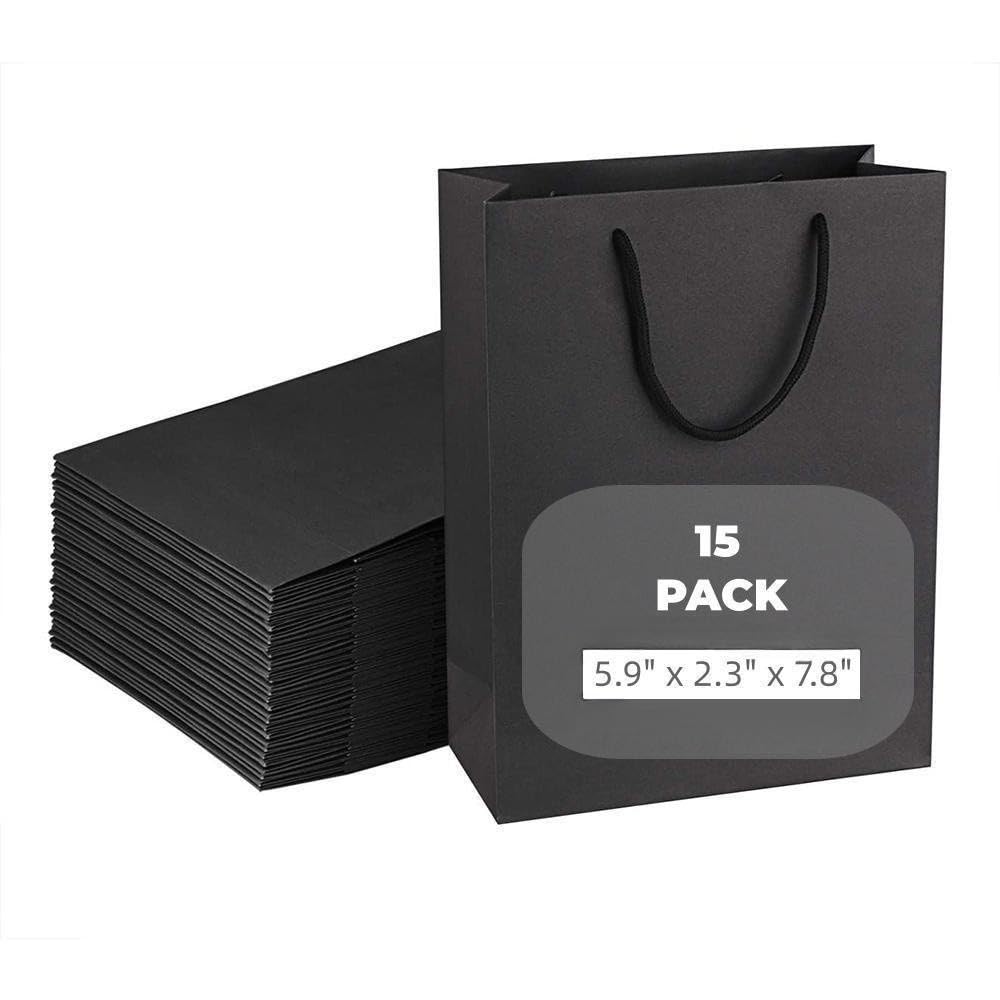 Cevvako Black Gift Bags, 15 Pcs Paper Gift Bags Medium, Black Paper Party Bag 15 x 6 x 20cm with Cotton Handle for Birthday, Wedding, Christmas and Party Celebrations
