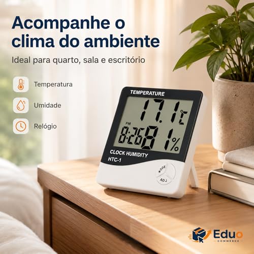 Termômetro Higrômetro Digital HTC-1 — Medidor de Temperatura e Umidade com Relógio, Alarme e Memória Máx/Mín | Display LCD Grande para Casa, Escritório, Quarto de Bebê e Estufa