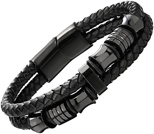 COOLSTEELANDBEYOND Braided Leather Bracelet For Men & Women - Magnetic Clasp, Black & White - View #8
