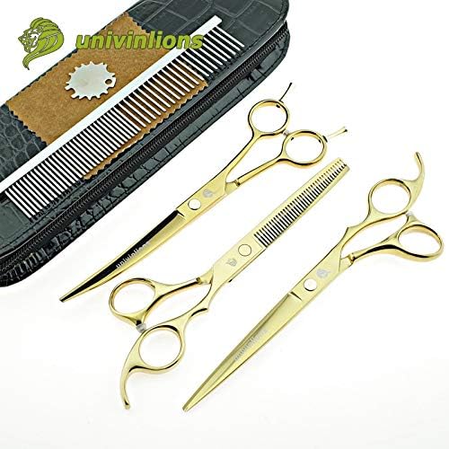 Univinlions 7" Golden Pet Shears Dog Grooming Scissors Dog Clipper Professional Animal Clippers Curved Scissors Pet Grooming Scissors Curved Pet Scissors for Dogs (set with comb)