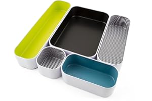 Three by Three Seattle 5 Piece Metal Organizer Tray Set for Storing Makeup, Stationery, Utensils, and More in Office Desk, Kitchen and Bathroom Drawers (2 Inch, Assorted Colors, Stripes)