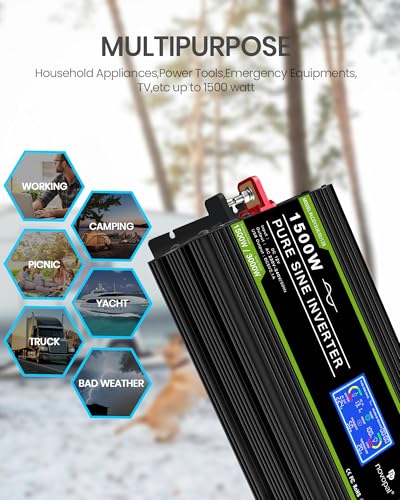 Novopal 1500W Pure Sine Wave Inverter DC 12 V in AC 220 V with Intelligent LCD Display, 5 m Remote Control and Two Cooling Fans, Suitable for Family, Camping, Traveling