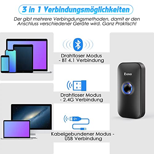 Eyoyo Mini 2D Bluetooth Barcode Scanner, 3 in 1 USB Wired/2.4G Wireless/Bluetooth Bar Code Reader Portable 1D QR Image Scanner PDF417 Data Matrix Code for iPad, iOS, Android