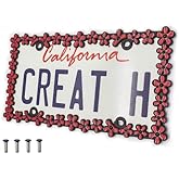 Creathome 3D Shining Daisy Wrenth License Plate Frame from Pure Zinc Alloy Metal Perfect Plate Holder,Matt Black with Red Glitter