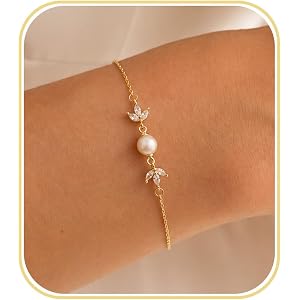 PRTGL Gold Bracelets for Women Pearl Bracelet 14k Gold/White Gold Plated | Dainty Cubic Zirconia CZ Accented, Bridesmaid Jewe