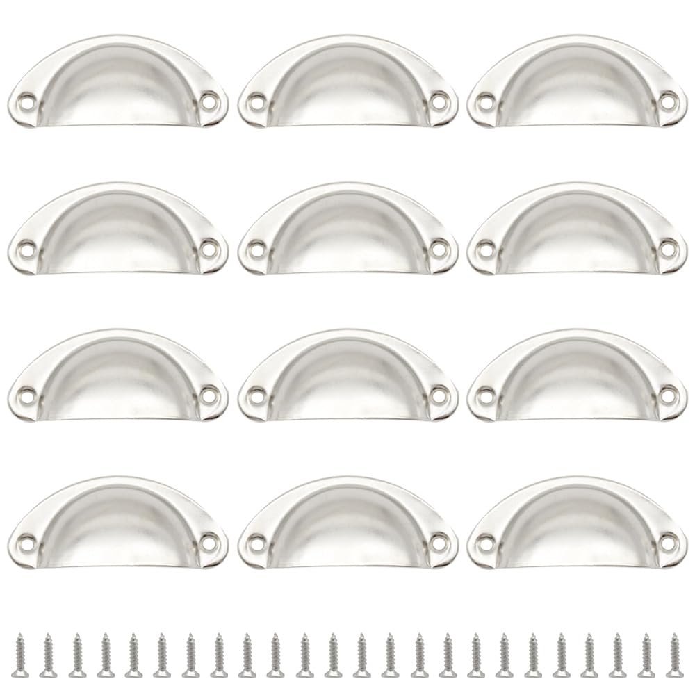 Hocansen 12 PCS Shell Cup Handles 81mm Metal Drawer Pull Handles Silver Shell Shape Handle Knobs Semicircle Cup Handle with Screws use for Wardrobe, Cupboard and Drawer (Silver/LS-BK)