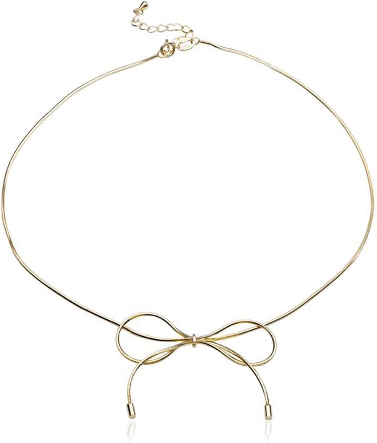 Pasuwisma 925 Silver Bow Necklace, Bowknot Pendant Necklace Women Bow Necklace with Extension (golden)