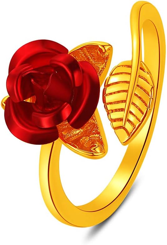 WELRDFG Cute Red Rose Flower Bracelet Open Ring 18K Gold Plated Rosa Jewelry Gift for Women Girls Bridesmaid