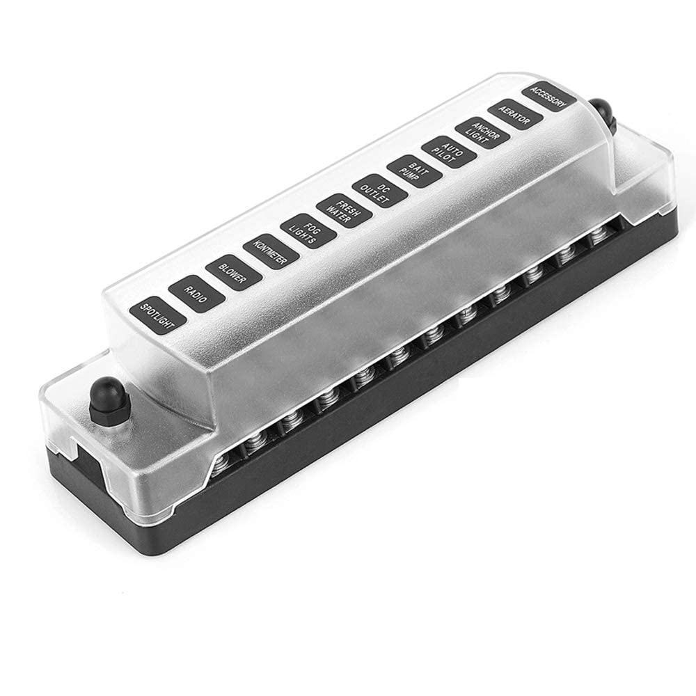 Jtron 12-Compartment Car Fuse Box, ATO/ATC 1-20A Fuse, DC 32V, M5 Screw Connector, PA66 Housing, Nickel-Plated Copper Busbars, Stainless Steel Fixings