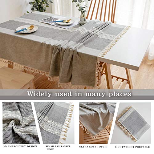 Rayzi Tablecloth, Rectangle Linen Cotton Wrinkle Free Anti-Fading Tablecloths,Washable Embroidery Dust-Proof Table Cover for Kitchen Party Outdoor (55 x 71 Inch, Gray)