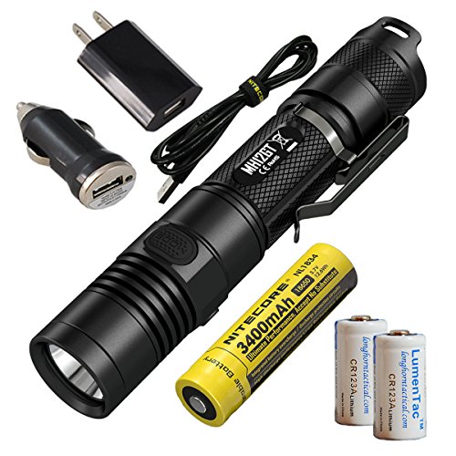 Nitecore MH12GT 1000 Lumen 350 Yards Long Throw USB Rechargeable LED Flashlight with 2x CR123A Batteries, LumenTac USB Car & AC Adapters