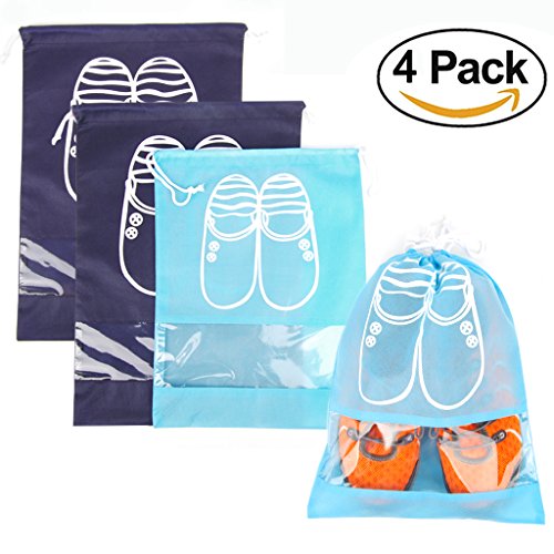 Shoe Bags 4 Pcs for Travel Shoe Storage Gym Bags Dust-proof Drawstring with Transparent Window (Large & X-Large)