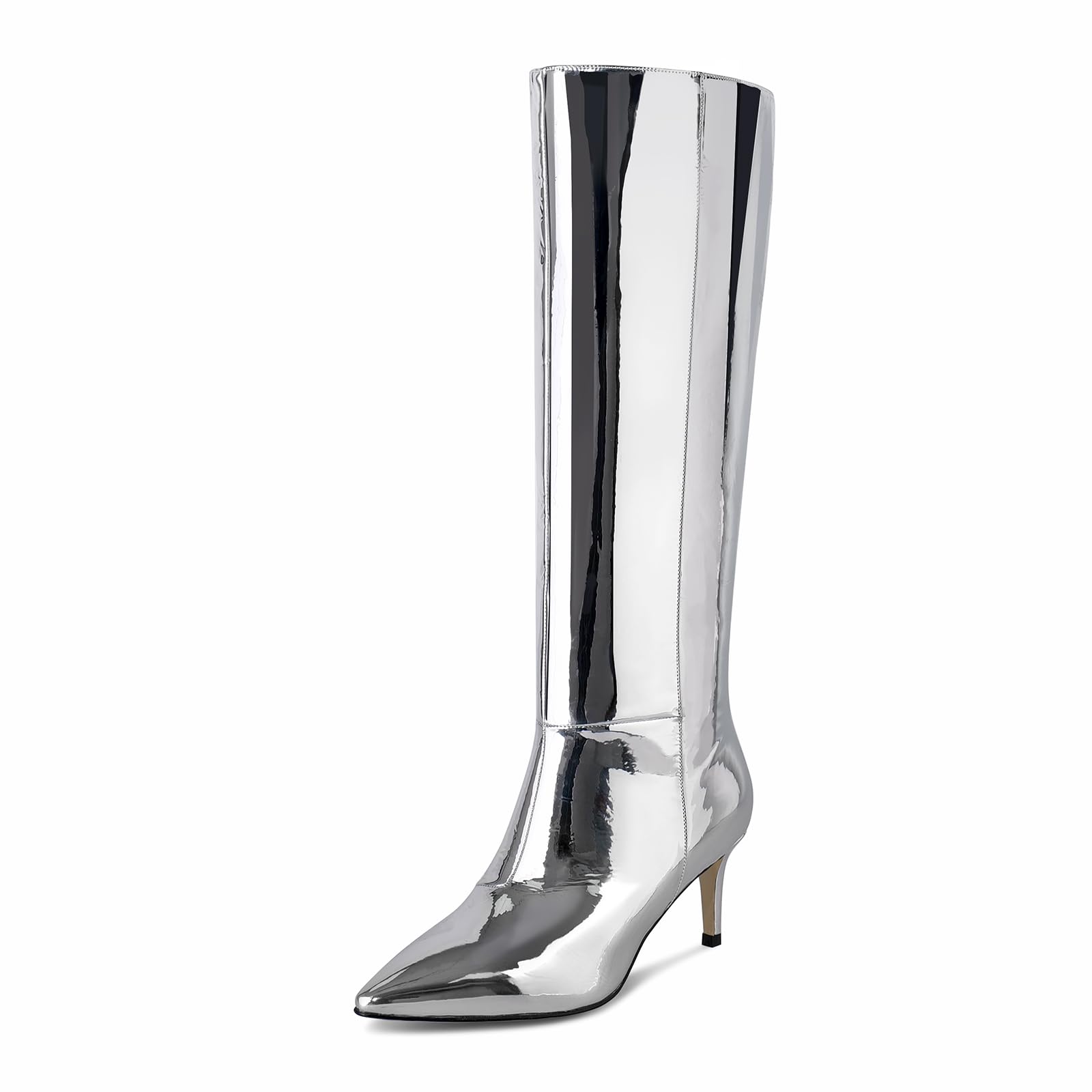 Photo 1 of wetkiss Knee High Metallic Stiletto Boots for Women - Silver Pointed Toe Thigh High Boots With Wide Calf