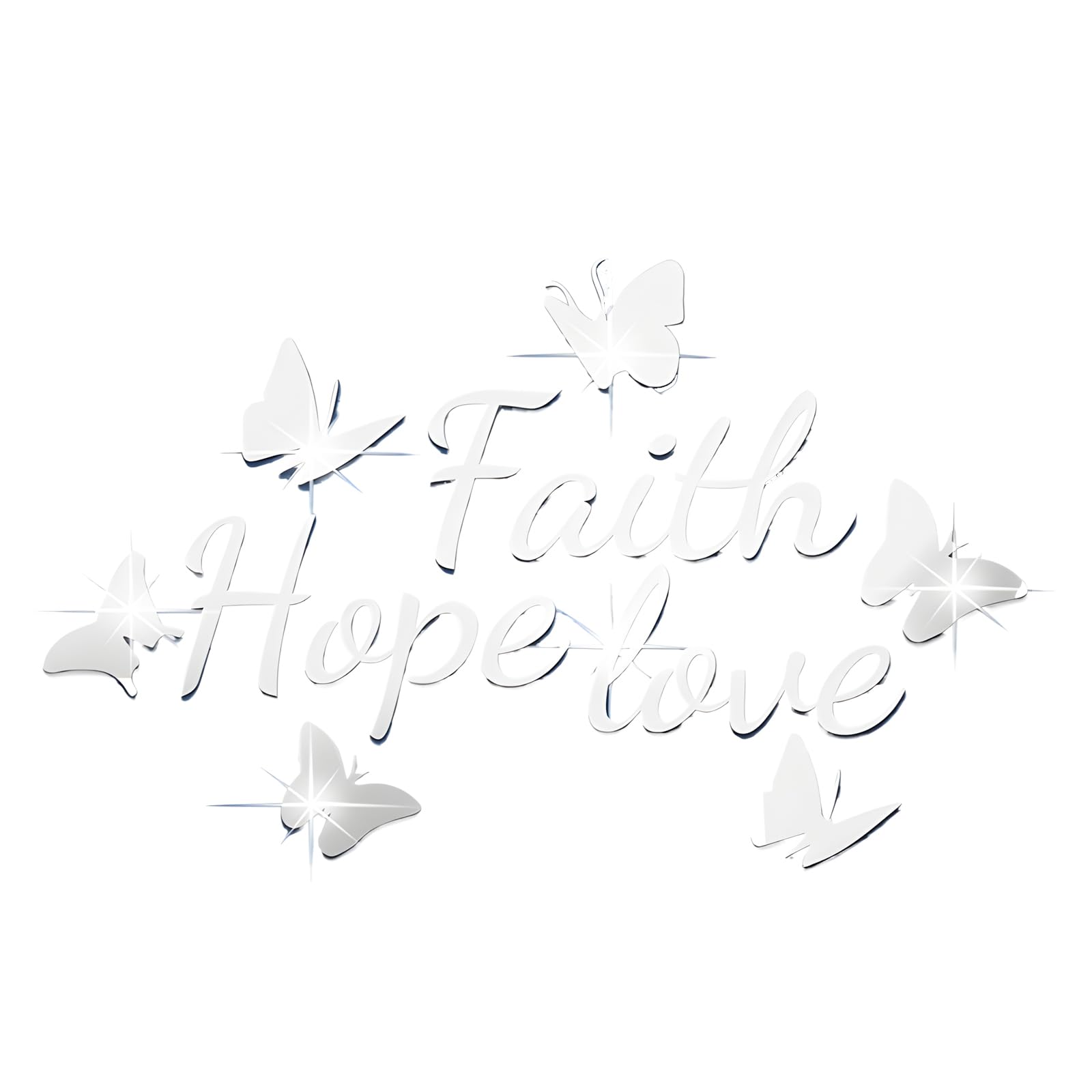 Desuibao Faith Hope Love 3D Acrylic Mirror Wall Decor Stickers, Butterfly Faith Hope Love Wall Decal, Peel and Stick Motivation Letter Wall Sayings Vinyl Lettering Art Quotes for Home Bedroom, Silver