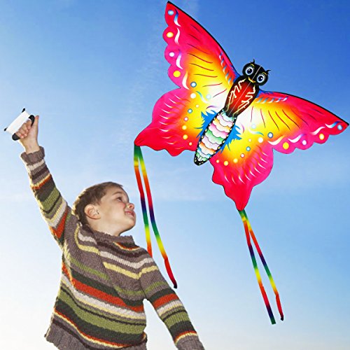 Aitey Easy Fly Kites, Rainbow Butterfly Kites for Kids and Adult, One of the Best Outdoor Games and Activities, with 165" of Line and Handle - Great Beginner, Amateur Kite (Red) - Thumbnail 6