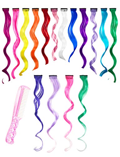 Hair Extensions Clip Extensions Highlights Curly Wave Long Hairpiece Hair Accessories for Girls Women Kids Doll Hair Pieces Colored Wigs 17 Inches 16 Colors Pack of 16 Steel Comb for Free