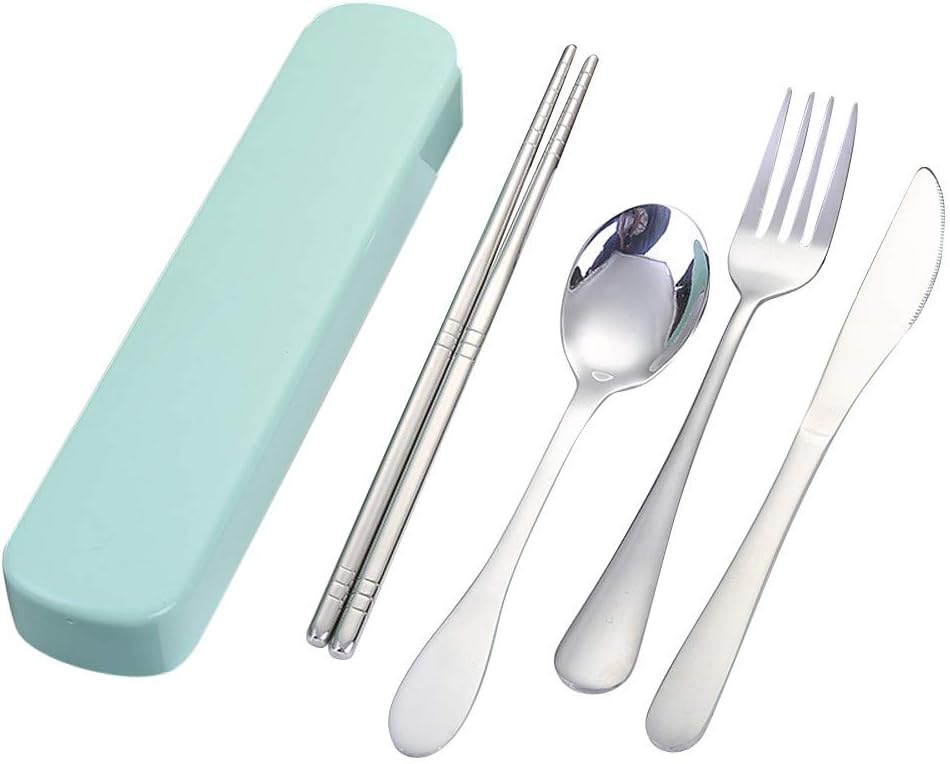 4 Pcs Portable Chopsticks Fork Spoon Knife Travel Cutlery Portable Travel Silverware Utensils Flatware Set with Carrying Case, Bag for Work, Outdoor Travel (Green)
