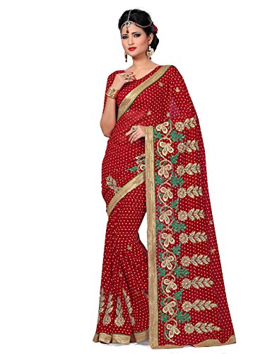 Shonaya Women's Embroidered Dani Georgette Red Half & Half Saree With Unstitched Blouse Piece